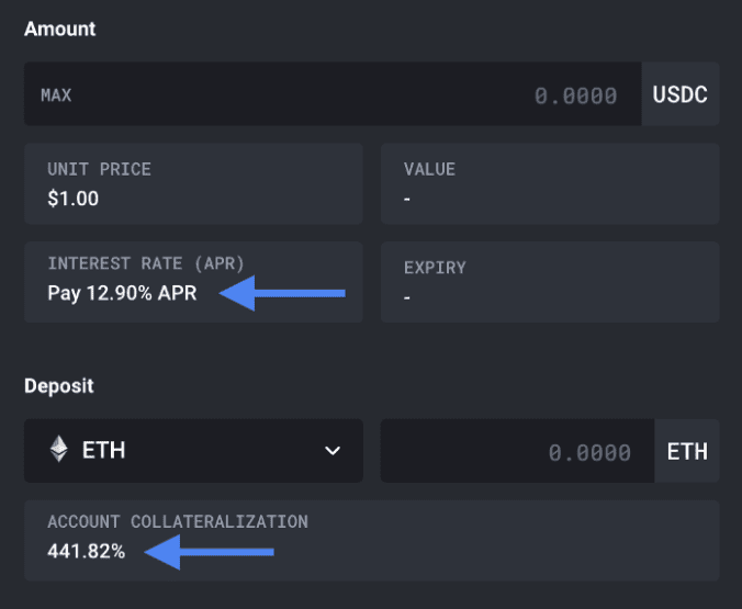 DYDX interest rate APR interface during deposit