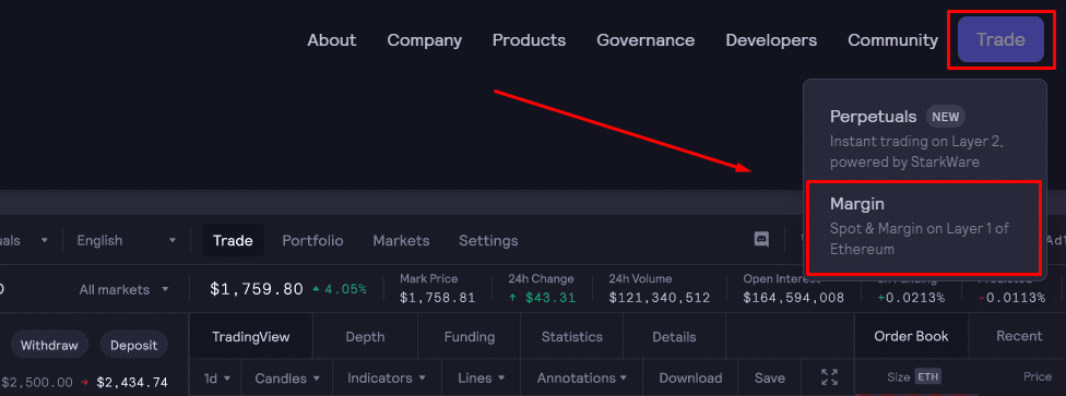 Deposit portfolio on DYDX