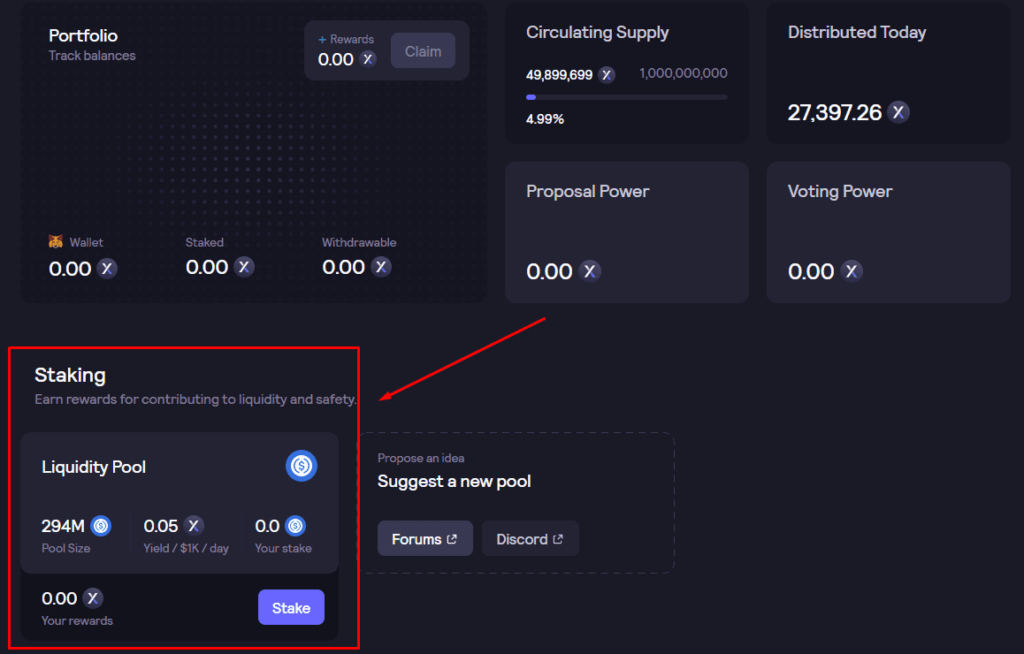 DYDX Staking dashboard with liquidity pool