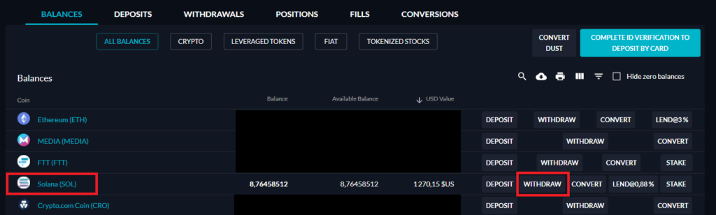 Withdraw on the FTX Exchange