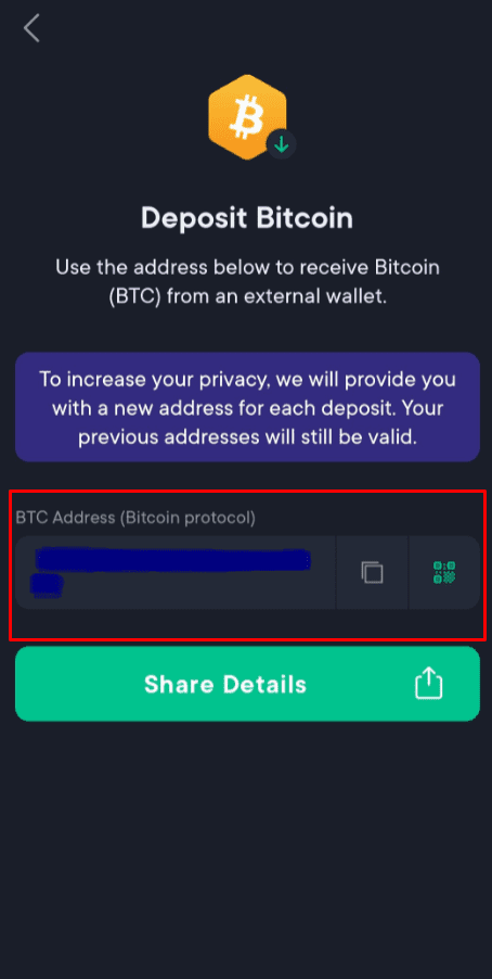 deposit bitcoin BTC